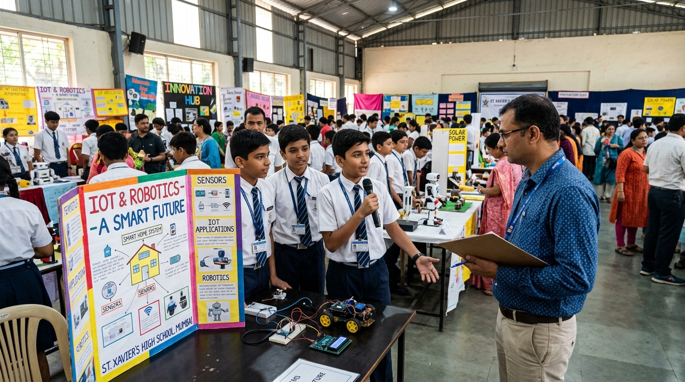 Students demonstrating working robotics model to judge at school science exhibition