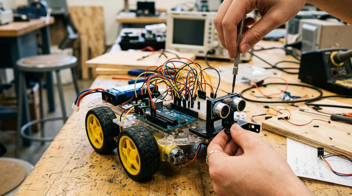Hands-on robotics hardware calibration: assembling an Arduino-powered autonomous rover on the workbench at Dr Banwari Lal Sharma Gurukul