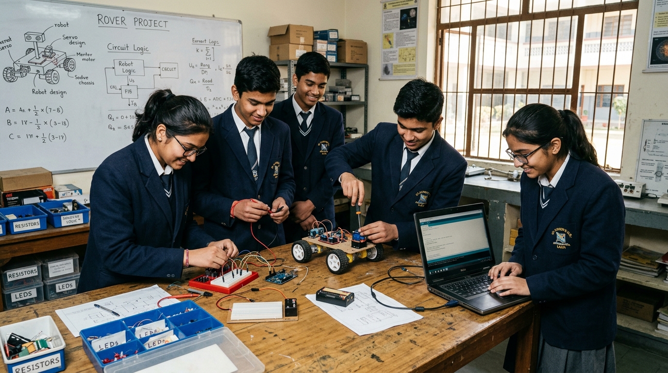 Students in school uniforms assembling robotics rover prototype on workbench